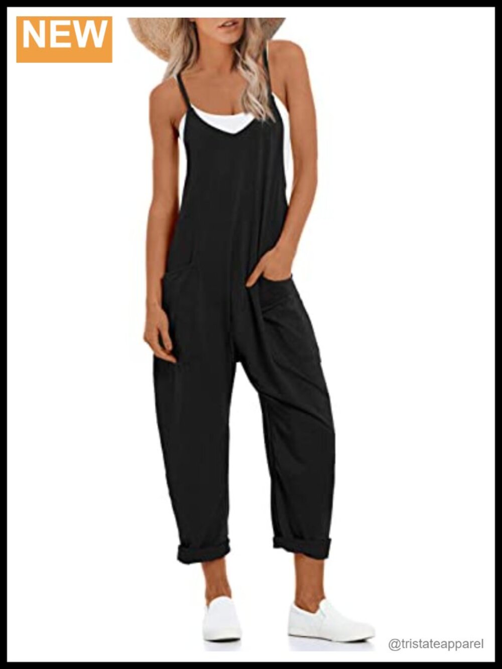 Sleeveless V Neck Harem Overalls Stretchy Adjustable Strap Jumpsuit with Pockets